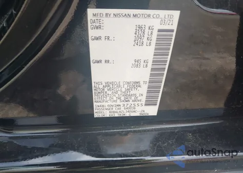 2021 Nissan Altima Sv Fwd из США, поврежденный, VIN 1N4BL4DV1MN372555